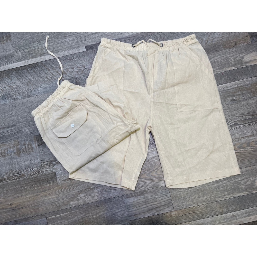 Mens Linen Blend Drawstring Shorts Beige Casual Beach Vacation Size M 2‎ Pack